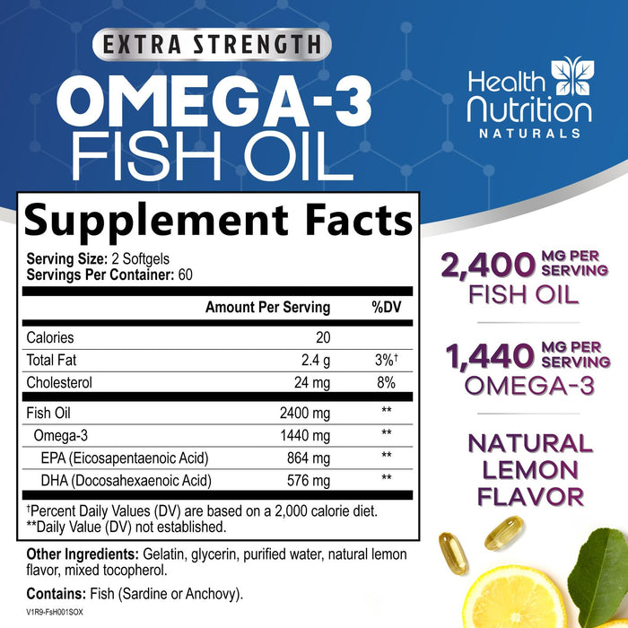 Omega 3 Fish Oil 2400 mg - Triple Strength Omega3, EPA & DHA Fatty Acids Supplement - Natural Support for Immune, Heart & Brain Health - Wild Caught, Non-GMO, Lemon Flavor, Burpless - 120 Softgels
