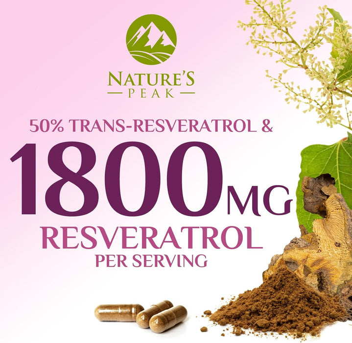 100% Natural Resveratrol 1800mg - 3X Strength Trans-Resveratrol Pills for Heart Health, Best Resveratrol Supplements, Potent Polyphenols Antioxidant Complex, Non-GMO, Bottled in USA - 60 Capsules