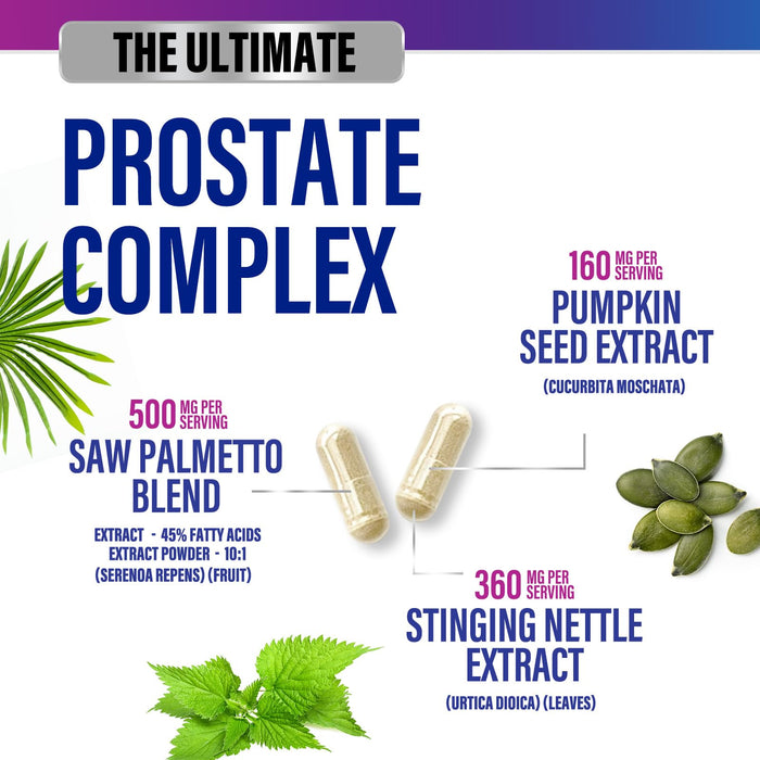 Prostate Health Supplements for Men - Support Complex 3x Formula with Saw Palmetto Blend Stinging Nettle Root & Pumpkin Seed Extract - Supports Bathroom Trips Prostate & Urinary Health - 120 Capsules