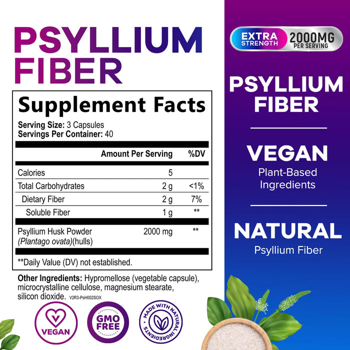 Psyllium Husk Fiber Supplement 1500mg - Vegan Prebiotic, Soluble Fiber for Daily Digestive Health & Regularity Support, Natural Psyllium Powder Caps, Sugar-Free, Non-GMO & Gluten-Free - 120 Capsules