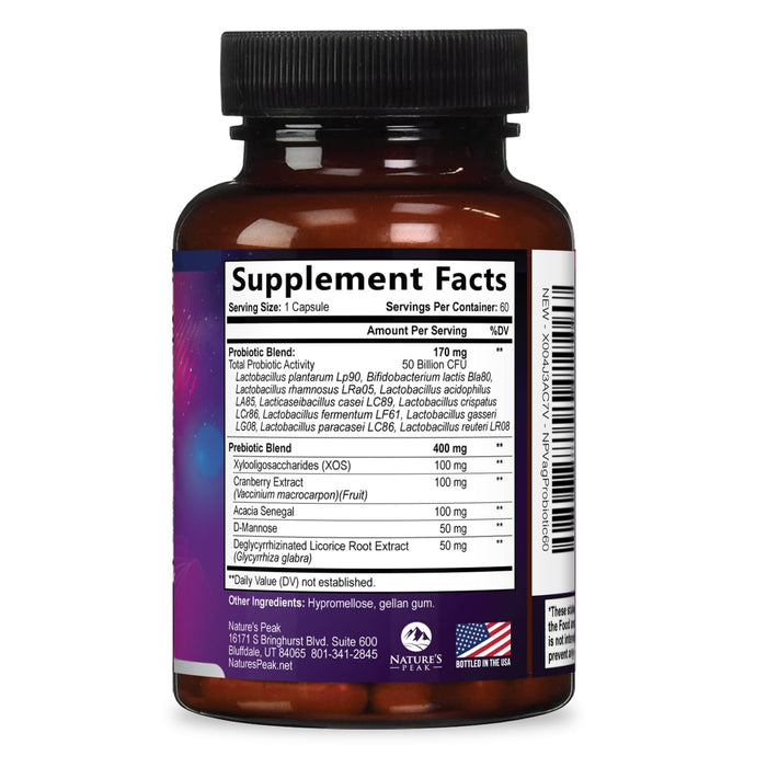 Vaginal Probiotics for Women pH Balance with Prebiotics, 50 Billion CFU, 10 Probiotic Strains, Cranberry, D-Mannose & XOS - Healthy Vaginal Odor & Flora, UT & Feminine Digestive Health - 60 Capsules