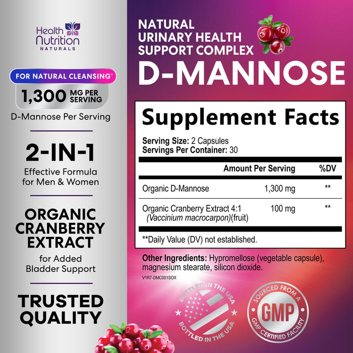 D-Mannose Supplement 1,000mg - with Cranberry, Hibiscus & Dandelion - Fast-Acting, Natural Urinary Tract & Bladder Support for Women & Men – Flush & Cleanse Impurities – Non-GMO, Vegan – 60 Capsules