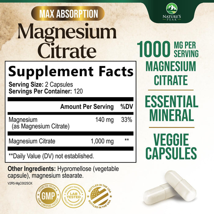 Magnesium Citrate 1000mg - High Absorption Magnesium Supplement Supports Muscle, Bone, Nerve & Heart Health - Extra Strength Magnesio Complex Pills - Non-GMO, Premium Energy Formula - 240 Capsules