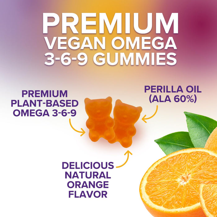 Omega 3 6 9 Vegan Gummies - Triple Strength Omega 3 Supplement Gummy - Essential Oil 369 Heart Support and Brain Support for Women, Men & Pregnant Women, Non-GMO, Orange Flavor - 60 Gummies