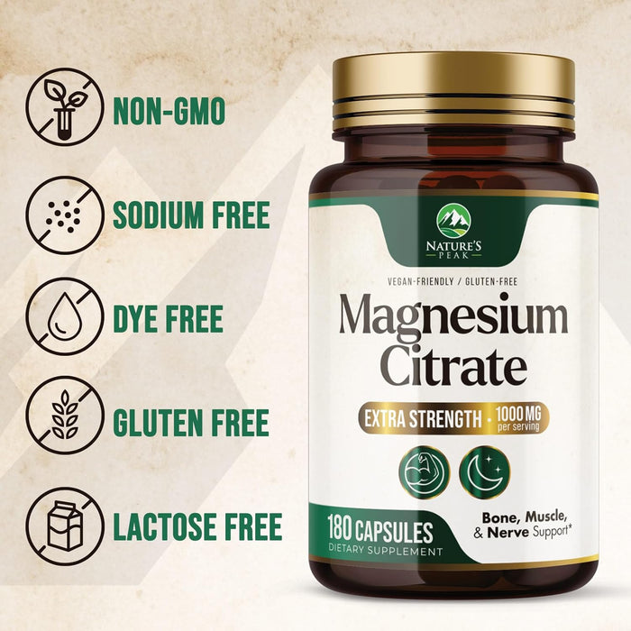 Magnesium Citrate 1000mg - High Absorption Magnesium Supplement Supports Muscle, Bone, Nerve & Heart Health - Extra Strength Magnesio Complex Pills - Non-GMO, Premium Energy Formula - 180 Capsules
