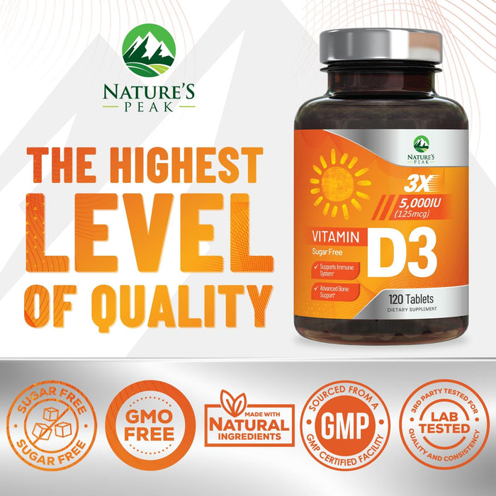 Vitamin D3 5000iu (125 mcg) Immune Health Support - High Potency Vitamin D Dietary Supplement for Bone, Teeth, Muscle - Nature's VIT D, Vegan, Gluten Free, Raspberry Flavor - 120 Chewable Tablets