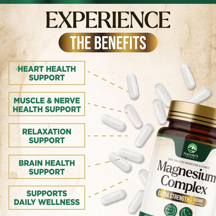 Magnesium Complex 500mg Supplement - Best Blend of Glycinate, Citrate, Malate & Oxide, Supports Sleep, Muscle, Bone & Heart Health, High Absorption, Chelated Magnesium Mineral Supplement, 60 Capsules