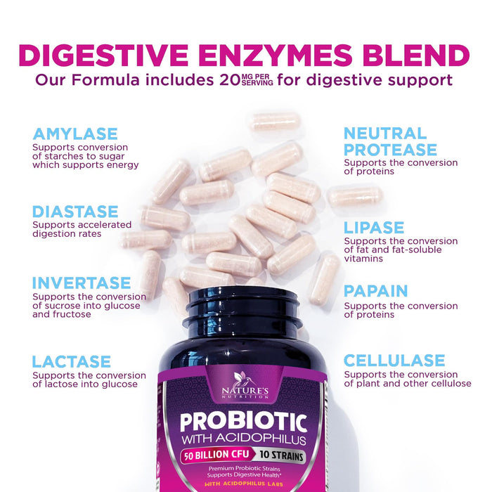 Probiotics 50 Billion CFU per Serving - 10 Strains + Prebiotics - Digestive Health, Gut & Immune Support - Supports Occasional Constipation, Gas & Bloating for Women & Men Shelf Stable - 120 Capsules