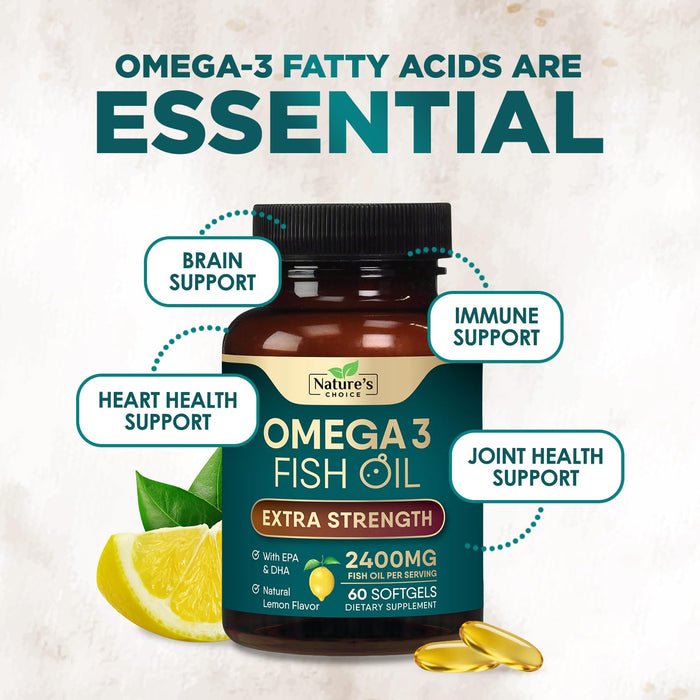 Omega 3 Fish Oil Supplement 2400 mg - Triple Strength EPA & DHA Fish Oil Omega 3, Essential Fatty Acids Supplement Softgels, Brain & Heart Health Support Supplements, Gluten Free Non-GMO, 60 Softgels