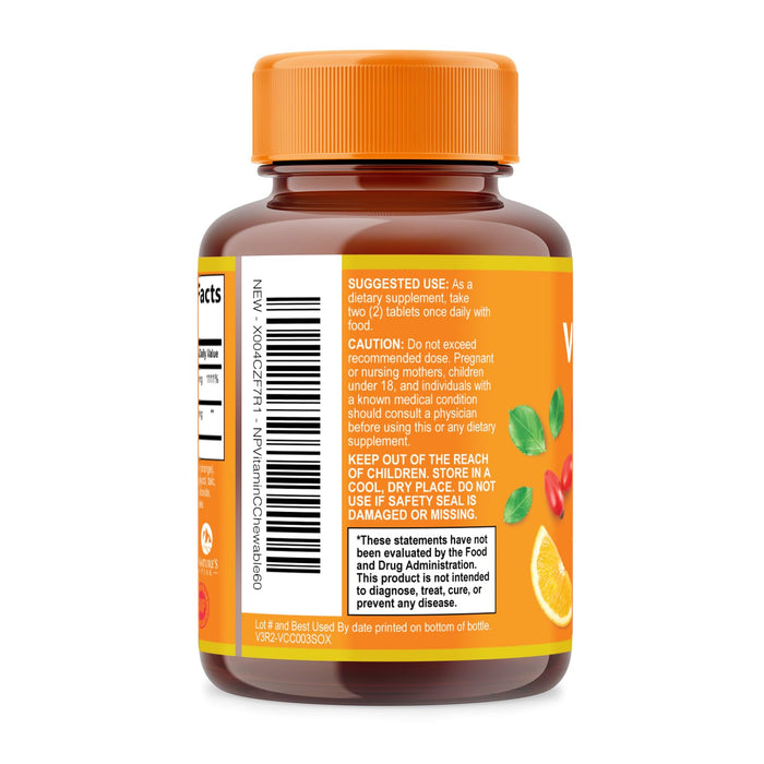 Vitamin C 1000mg Chewable Supplement - Extra Strength Immune Support Vitamin C Dietary Supplement with Rose HIPS, Nature's VitaminC Antioxidant Support, Natural, Vegan, Orange Flavor - 60 Tablets