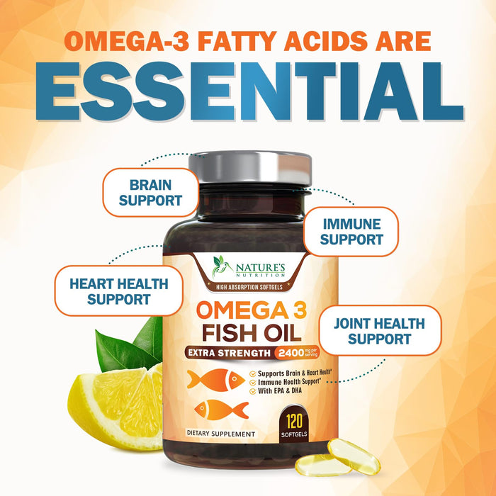 Omega 3 Fish Oil 2400 mg - Triple Strength EPA & DHA Fatty Acids for Heart, Brain & Joint Support Wild-Caught, Burpless, Lemon Flavor Supplement Natural, Non-GMO, Gluten-Free - 120 Softgels