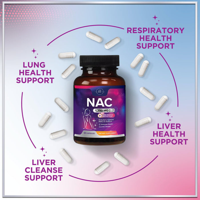 NAC Supplement â€“ N-Acetyl L-Cysteine 1200mg â€“ Supports Liver, Lung & Immune Health - Antioxidants for Respiratory Support & Fight Free Radicals â€“ High Absorption, Non-GMO, Gluten-Free â€“ 60 Capsules