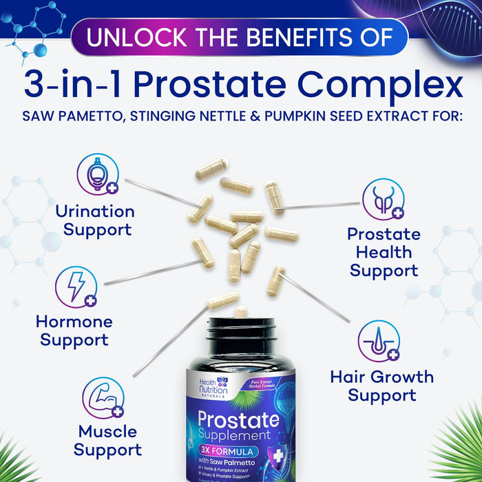 Prostate Health Supplements for Men - Potent 3X Formula with Saw Palmetto, Stinging Nettle, Pumpkin Seed Extract, Bottled in USA, Prostate Supplement for Urinary Support, Vegan, Non-GMO, 60 Capsules