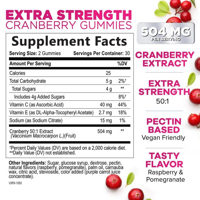 Cranberry Gummies 50:1 Cranberry Extract - Urinary Tract Support Made with 25,000mg, Helps Cleanse & Protect, Cran Berry Gummy Supplement + Vitamin C, Chewable Cran Pills for Women - 60 Gummies