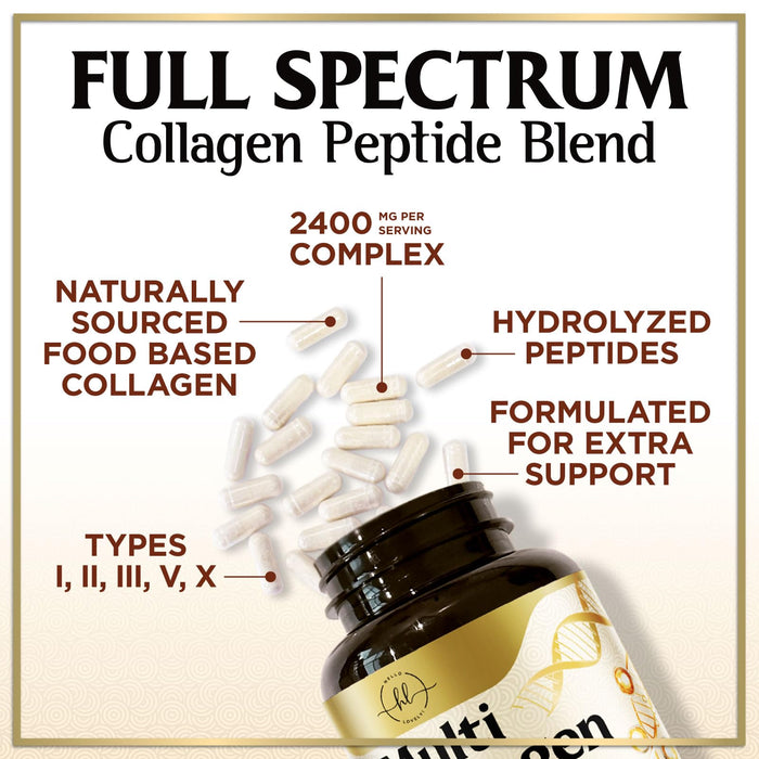 Multi Collagen Peptides for Women – 2400mg Best Hydrolyzed Collagen Complex with 5 Types (I, II, III, V, X) - Grass Fed – Hair, Skin, Nail, Bone & Joint Support for Beauty & Wellness – 60 Capsules