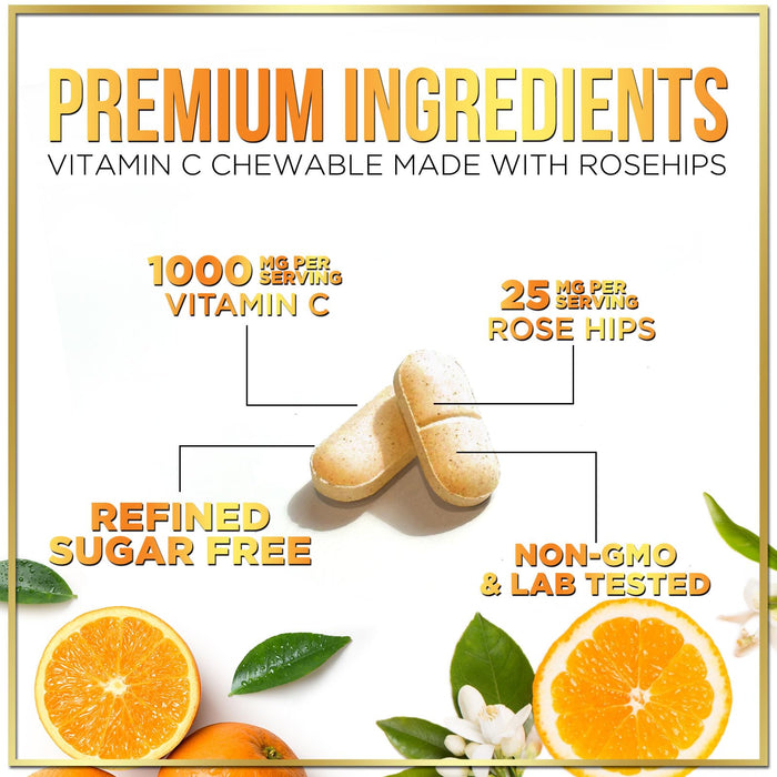 Vitamin C Supplement 1000mg - Extra Strength with Rose Hips Bioflavonoids - Sugar Free Vitamin C Chewable Pills, Nature's Vit C for Immune Support & Antioxidant Protection - 60 Chewable Tablets