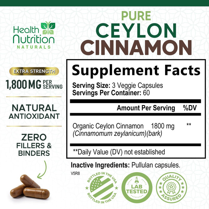 Ceylon Cinnamon Capsules 1800mg - Certified Organic Ceylon Cinnamon Powder Supplement, Bottled in USA, Extra Strength Energy & Heart Support Pills, Non-GMO & Gluten Free, Sugar Free - 180 Capsules