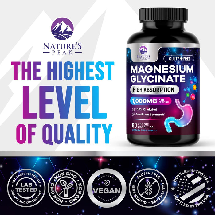 Magnesium Glycinate Supplement Pure 1000 mg Chelated for Max Absorption - Supports Bone, Muscle, Nerve & Heart Health, Sleep Support - Best Magnesium Pills for Whole Body Support - 60 Capsules