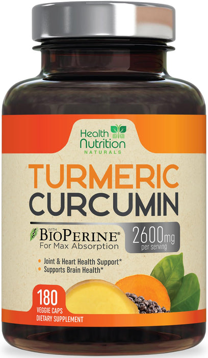Turmeric Curcumin Supplement 2600mg - 95% Curcuminoids with Organic Turmeric & BioPerine Black Pepper for Best Absorption, Nature's Vegan Joint Support, Non-GMO Tumeric, Bottled in USA - 180 Capsules