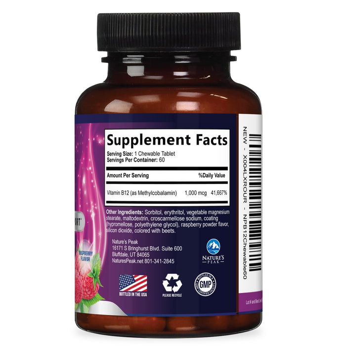 Vitamin B12 1000 mcg (Methylcobalamin) Super B 12 Complex Dietary Supplement for Energy & Immune Support, Vegan, Sugar-Free, Sublingual, Tasty Raspberry Flavor - 60 Chewable Tablets, 60 Day Supply