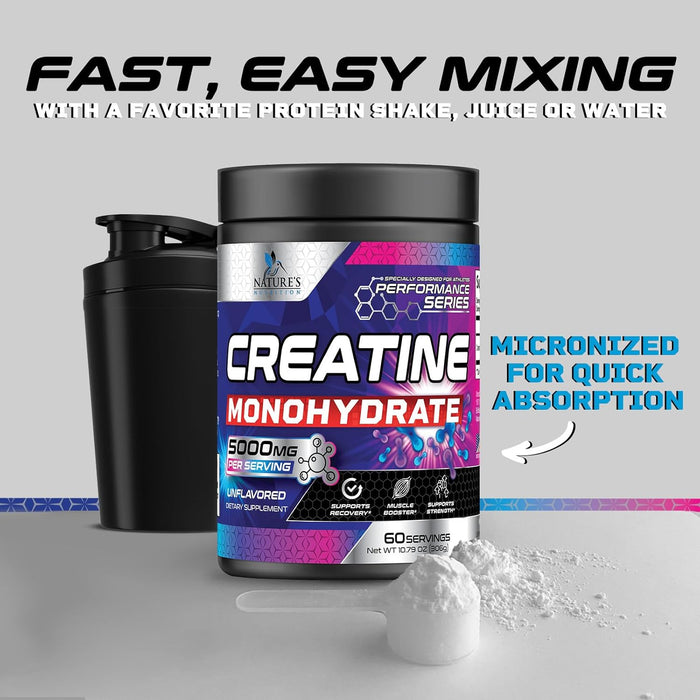 Creatine Monohydrate Powder 5000mg - Best Performance Micronized Creatine Nutritional Supplement - For Muscle Strength & Energy Support, Unflavored Monohydrate Powder, Bottled in USA - 60 Servings