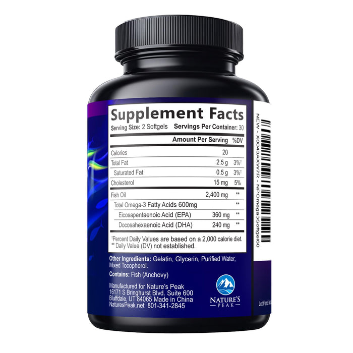 Omega 3 Fish Oil 2400 mg Supplement, Sustainably Sourced, Triple Strength Omega-3 Supplement Softgels, Brain Health Support, EPA & DHA Fish Oil Fatty Acids Supplements, Gluten & GMO Free, 60 Softgels