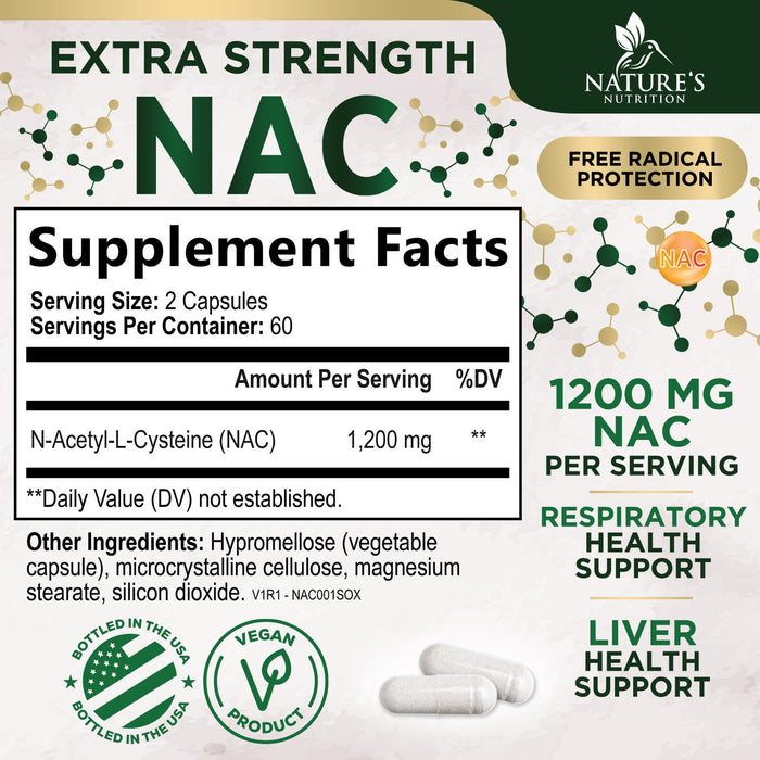 NAC Supplements N-Acetyl L-Cysteine (NAC) 1200 mg - NAC Supplement for Lung Health & Immune Support, Liver Support & Antioxidants, Freefrom N-Acetylcysteine, Gluten Free, Non-GMO, 120 Veggie Capsules