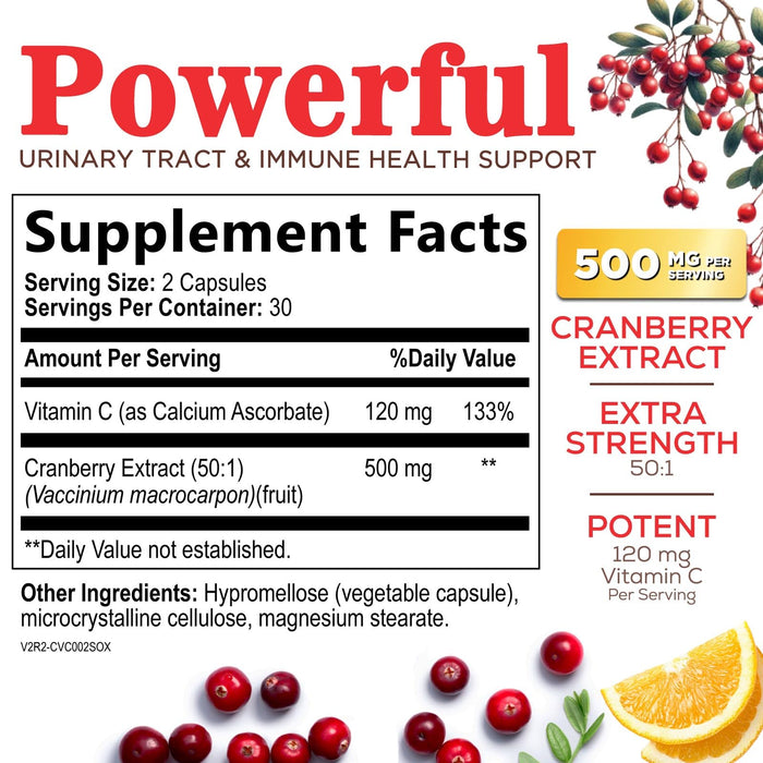 Cranberry Supplement Pills 25,000mg - High Potency Vitamin C Cranberry for Women & Men, Urinary Tract Health Support, Sugar Free, Gluten Free, Non-GMO, Cranberry Concentrate Extract - 60 Capsules
