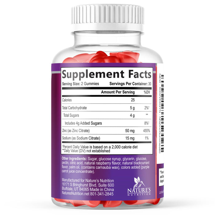 Zinc Gummies 50mg - Bone Skin & Immune Support Health Gummy & Premium Antioxidant Chewable for Adults - High Absorption Vegan, Gluten Free Zinc Supplements Vitamin - Tasty Berry Flavor - 60 Gummies