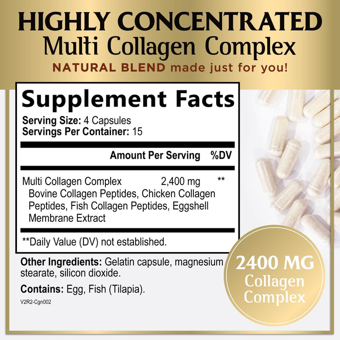 Multi Collagen Peptides for Women â€“ 2400mg Best Hydrolyzed Collagen Complex with 5 Types (I, II, III, V, X) - Grass Fed â€“ Hair, Skin, Nail, Bone & Joint Support for Beauty & Wellness â€“ 60 Capsules