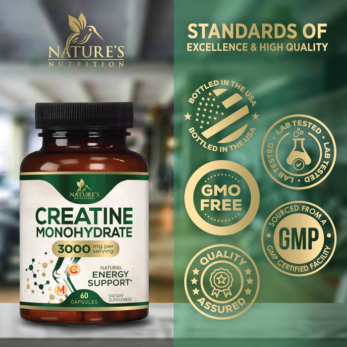 Creatine Monohydrate Capsules 3000mg â€“ Best Micronized Creatine Powder - Supports Lean Muscle, Strength, Energy, & Endurance - Nature's Supplement, Non-GMO, Gluten Free for Women & Men - 60 Capsules