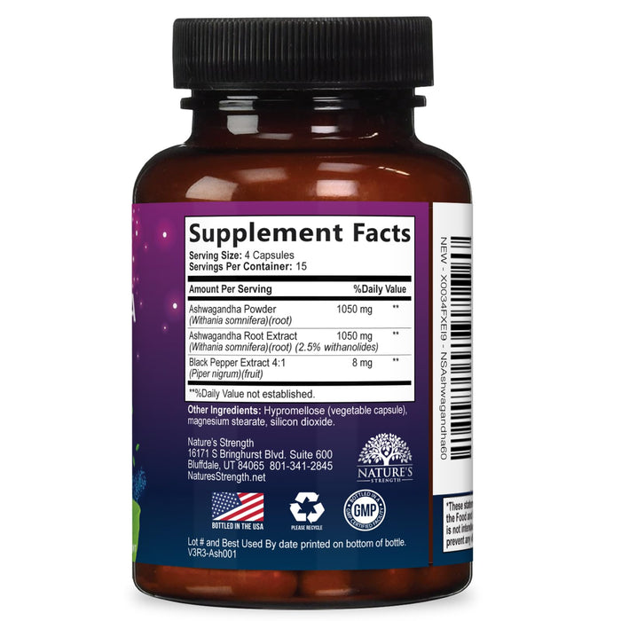 Ashwagandha 2100mg - Extra Strength with Black Pepper for Max Absorption, Ashwagandha Powder and Root Supplements for Women & Men, Antioxidant Support, Vegan, Non-GMO & Gluten Free - 60 Capsules