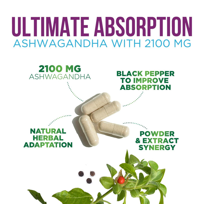 Ashwagandha 2100mg - Extra Strength with Black Pepper for Max Absorption, Ashwagandha Powder and Root Supplements for Women & Men, Antioxidant Support, Vegan, Non-GMO & Gluten Free - 120 Capsules