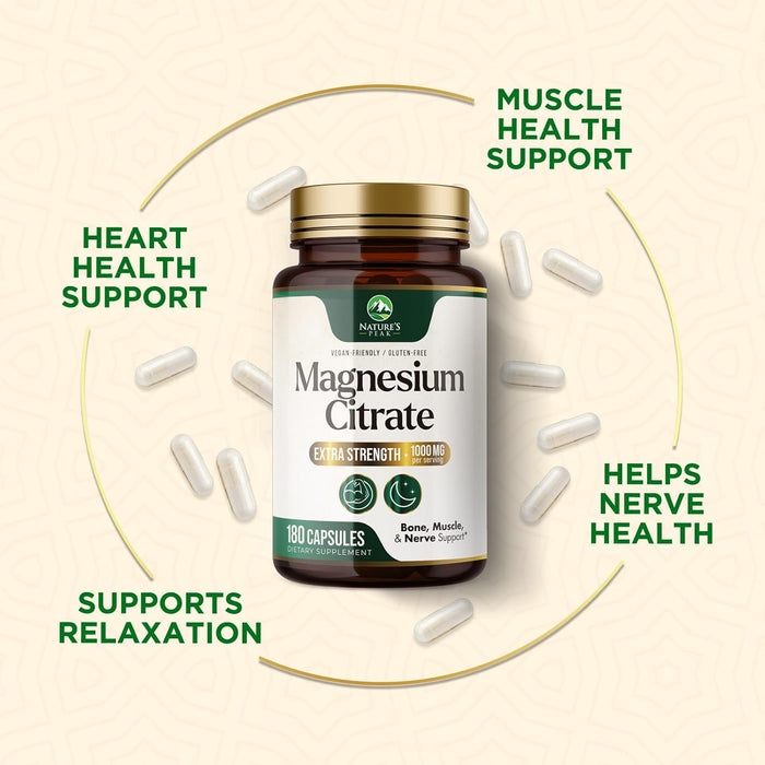 Magnesium Citrate 1000mg - High Absorption Magnesium Supplement Supports Muscle, Bone, Nerve & Heart Health - Extra Strength Magnesio Complex Pills - Non-GMO, Premium Energy Formula - 180 Capsules