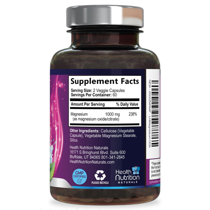 Magnesium Citrate Capsules 1000mg - Max Absorption Magnesium Powder for Muscle, Nerve, Bone and Heart Health Support, High Absorption Citrate Complex, Gluten Free, Non-GMO - 120 Capsules