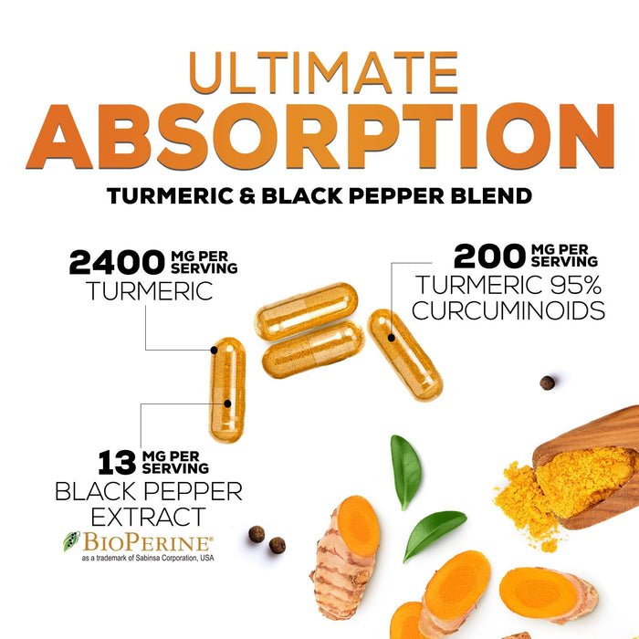 Turmeric Curcumin Supplement with BioPerine 95% Curcuminoids 2600mg with Black Pepper for Best Absorption, Bottled in USA, Best Natural Vegan Joint Support, Nature's Non-GMO Tumeric - 120 Capsules