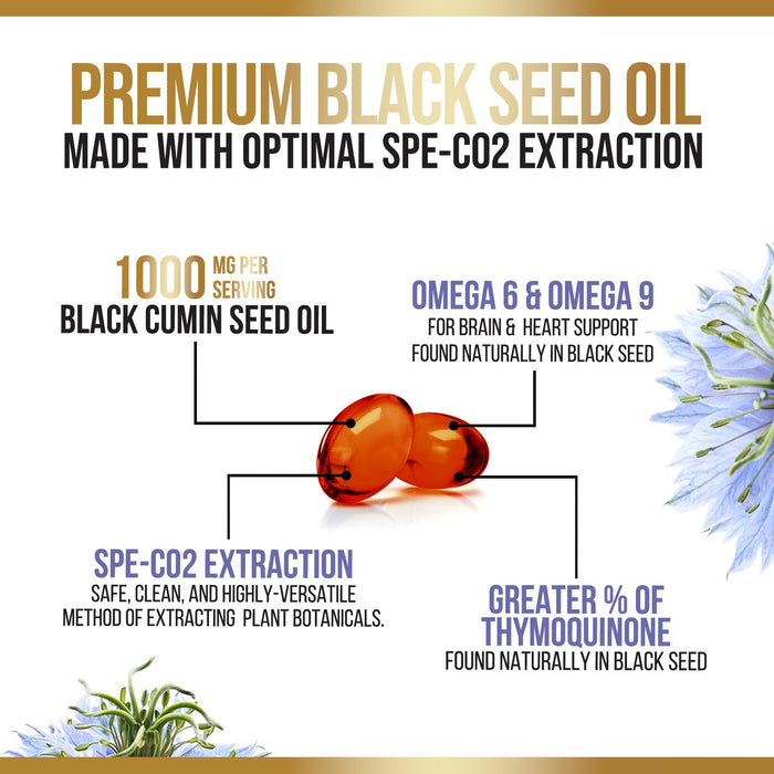 Black Seed Oil Softgels 1000mg - Premium Nigella Sativa Blackseed, Pure Natural Black Cumin Seed Oil & Antioxidant for Skin & Immune Support - Non GMO, Bottled in USA Supplement - 120 Softgels