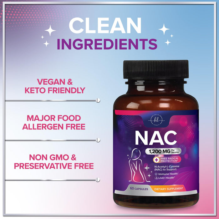 NAC Supplement â€“ N-Acetyl L-Cysteine 1200mg â€“ Supports Liver, Lung & Immune Health - Antioxidants for Respiratory Support & Fight Free Radicals â€“ High Absorption, Non-GMO, Gluten-Free â€“ 60 Capsules