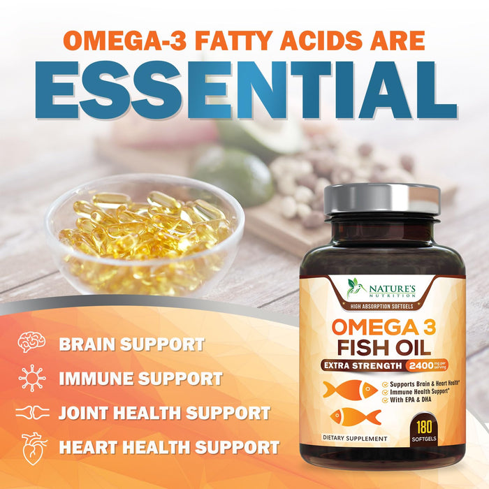 Omega 3 Fish Oil 2400 mg â€“ Triple Strength EPA & DHA Fatty Acids for Heart, Brain & Joint Support â€“ Wild-Caught, Burpless, Lemon Flavor Supplement â€“ Natural, Non-GMO, Gluten-Free â€“ 180 Softgels