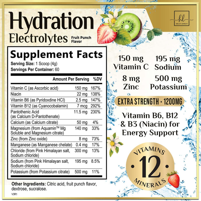 Hydration Replenisher Daily Electrolyte Drink Mix â€“ Rapid Hydration Powder with 6 Electrolytes & Minerals, Zero Sugar, Keto, Vegan, Non-GMO & Sugar-Free Electrolyte Powder Tub - 60 Servings