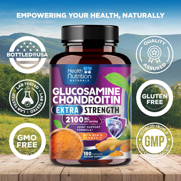 Glucosamine Chondroitin MSM 2100mg Complex - Joint Health Supplement with Turmeric & Boswellia - Quercetin for Cartilage, Flexibility & Mobility - Triple Strength Glucosamine Sulfate - 180 Capsules