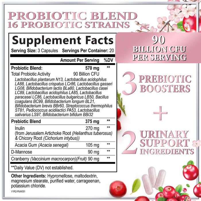 Probiotics for Women Supplement with Cranberry - 16 Premium Strains for PH Balance, Digestive Health, Vaginal & Immune Support, 90 Billion CFU, Women's Probiotic, UT, & Feminine Health - 60 Capsules