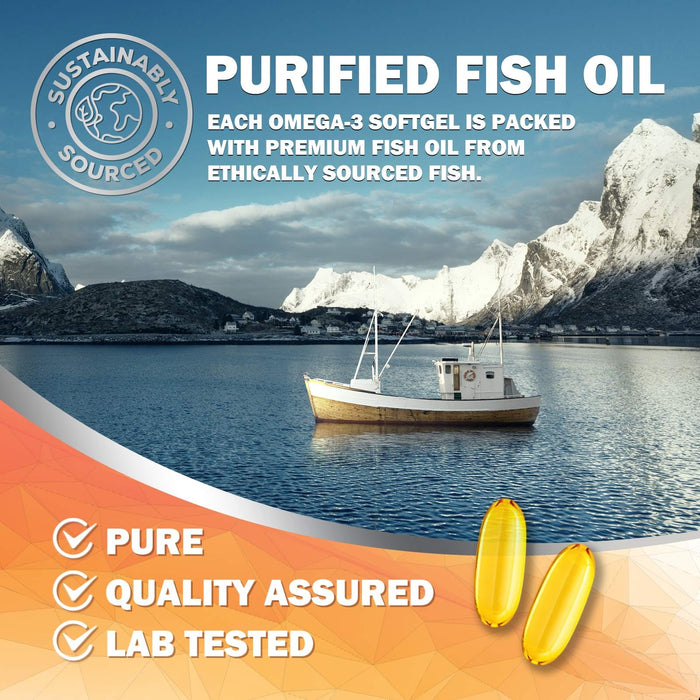 Omega 3 Fish Oil 2400 mg â€“ Triple Strength EPA & DHA Fatty Acids for Heart, Brain & Joint Support â€“ Wild-Caught, Burpless, Lemon Flavor Supplement â€“ Natural, Non-GMO, Gluten-Free â€“ 120 Softgels