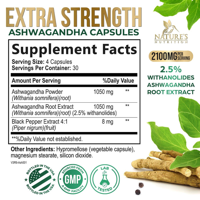 Ashwagandha Capsules for Women & Men - 2100mg Ashwagandha Supplement, Natural Antioxidant Support, Ashwa Root Extract, Extra Strength Calm Support with Black Pepper, Vegan & Gluten Free - 120 Capsules