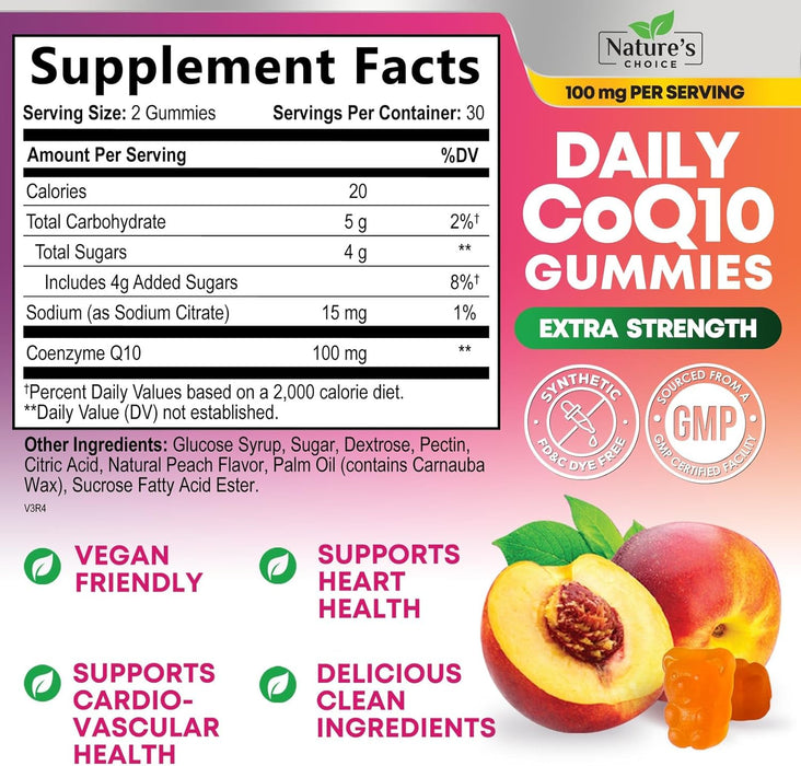CoQ10 100mg Gummies - 3X Better Absorption, Antioxidant for Heart Health Support & Energy Production, Ultra Coenzyme Q10 Vitamins, Co q 10 Supplement, Dietary Supplement, Non-GMO - 60 CoQ10 Gummies
