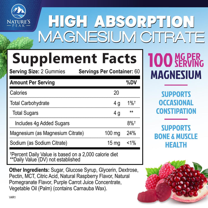 Magnesium Citrate Supplement Gummies - High Absorption Magnesium Gummy for Adults & Kids, Magnesio Citrate Supplements for Bone, Muscle Health, Heart Support, Vegan, Gluten Free, Non-GMO - 120 Gummies