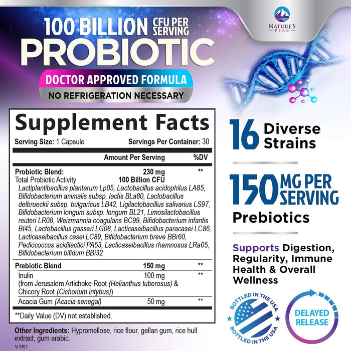 Probiotics 100 Billion CFU Supplement - 16 Strains + Natural Prebiotics - Digestive Health, Gut & Immune Support for Women & Men - Supports Occasional Constipation, Gas & Bloating - 30 Capsules