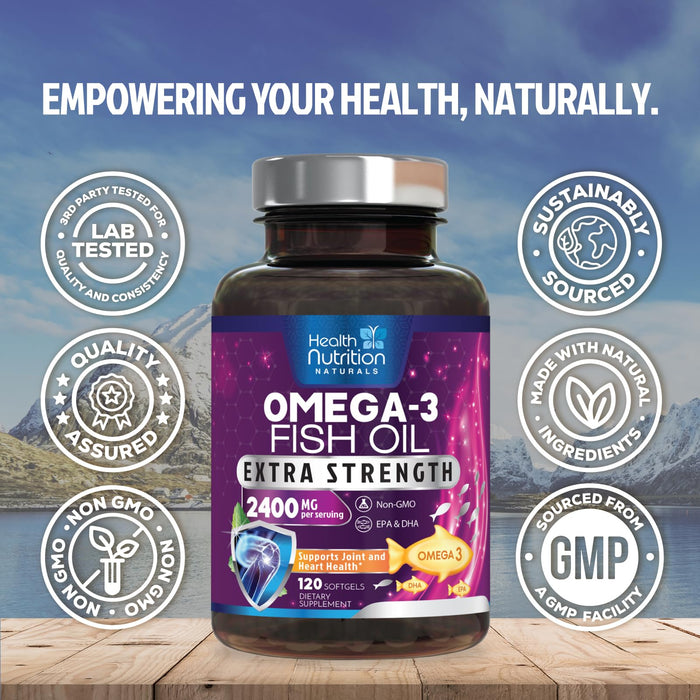 Omega 3 Fish Oil 2400 mg - Triple Strength Omega3, EPA & DHA Fatty Acids Supplement - Natural Support for Immune, Heart & Brain Health - Wild Caught, Non-GMO, Lemon Flavor, Burpless - 120 Softgels