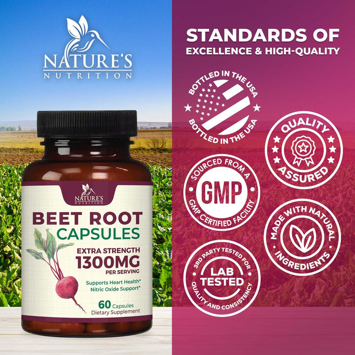 Beet Root Capsules 1300mg - Extra Strength Red Beetroot Powder Supplement â€“ Supports Nitric Oxide Production, Heart Health & Natural Energy â€“ Non-GMO, Vegan, Gluten Free â€“ 60 Veggie Capsules