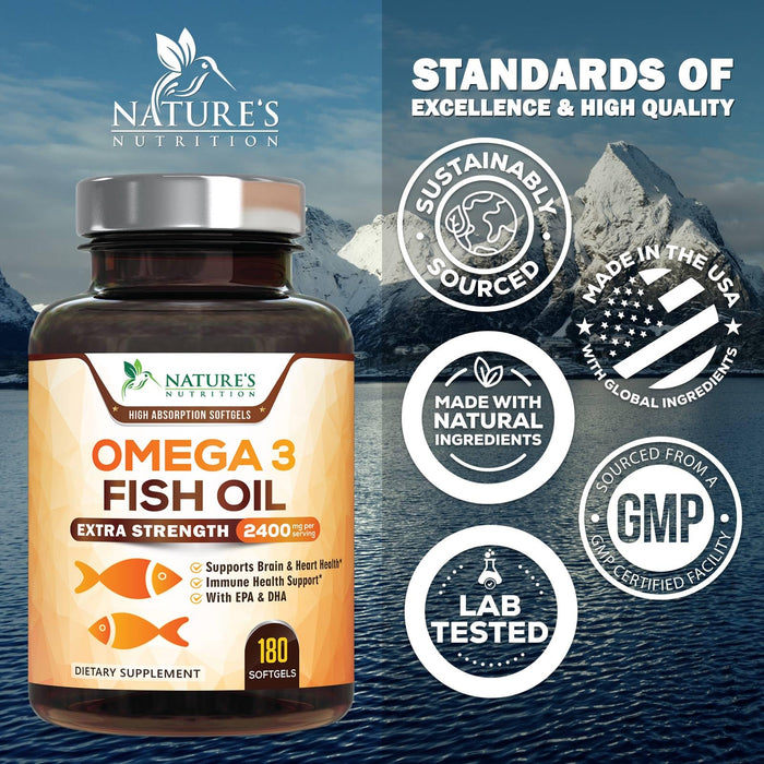 Omega 3 Fish Oil 2400 mg â€“ Triple Strength EPA & DHA Fatty Acids for Heart, Brain & Joint Support â€“ Wild-Caught, Burpless, Lemon Flavor Supplement â€“ Natural, Non-GMO, Gluten-Free â€“ 180 Softgels